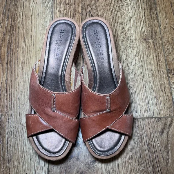 Naturalizer N5 Comfort Brown Leather Crisscross Wedge Sandals Womens 7.5 M -READ - Image 5