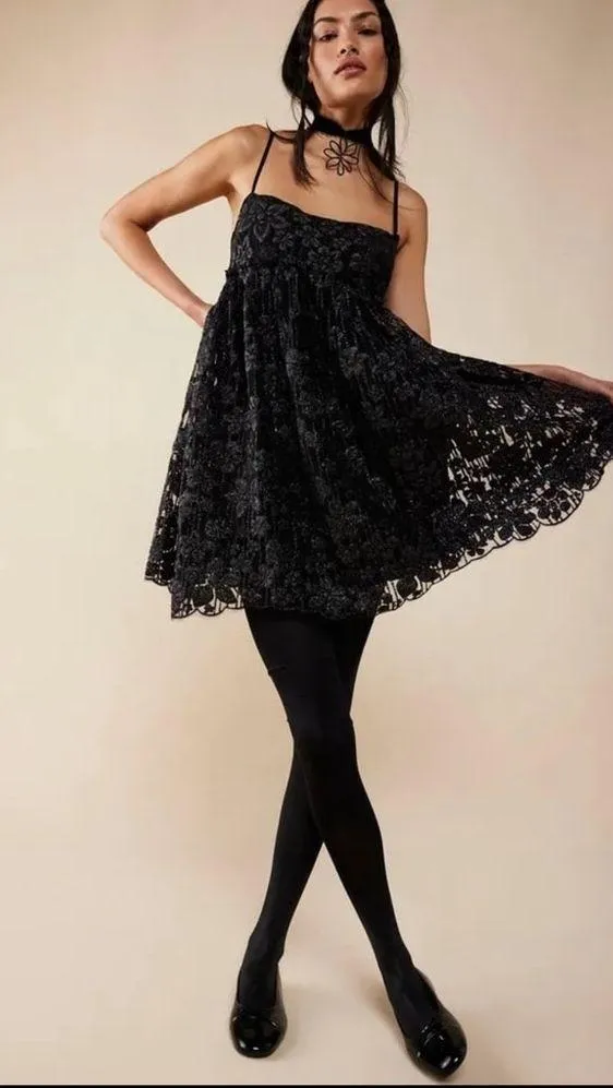Free People All That Glitters Babydoll Lace Minidress in Black, Size M, NWT - Image 3