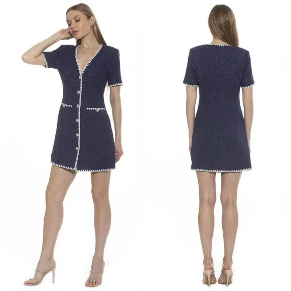 Alexia Admor HOLLY TWEED Mini DRESS Pearl & Jewel Buttons BLUE/WHITE Size 6 NEW - Image 2