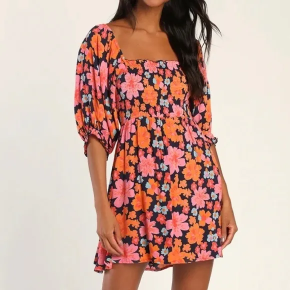 NWT Lulus Pollen in Love Navy Blue Floral‎ Puff Sleeve Mini Skater Dress SMALL - Image 2