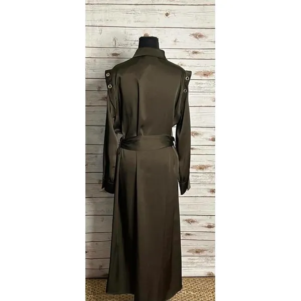 Zara olive green satin grommet detail belted Ring Trim maxi shirtdress Size M - Image 8