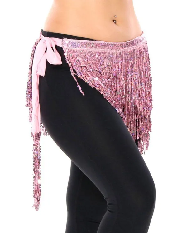 Pink Sequin Belly Dance Hip Scarf Tassel Wrap Sparkly Fringe Skirt ONE SIZE - Image 2