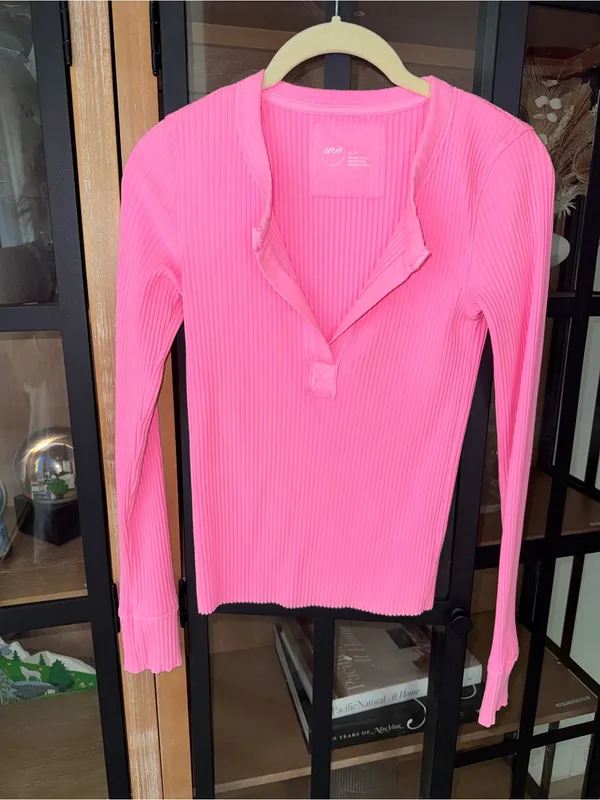 Aerie Bright Pink Ribbed Long Sleeve Henley Top neon tee crop vneck fitted - Image 7