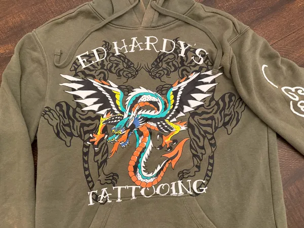 Ed Hardy Dragon Tiger Tattoing Sweatshirt Hoodie Green Men's S - Image 3