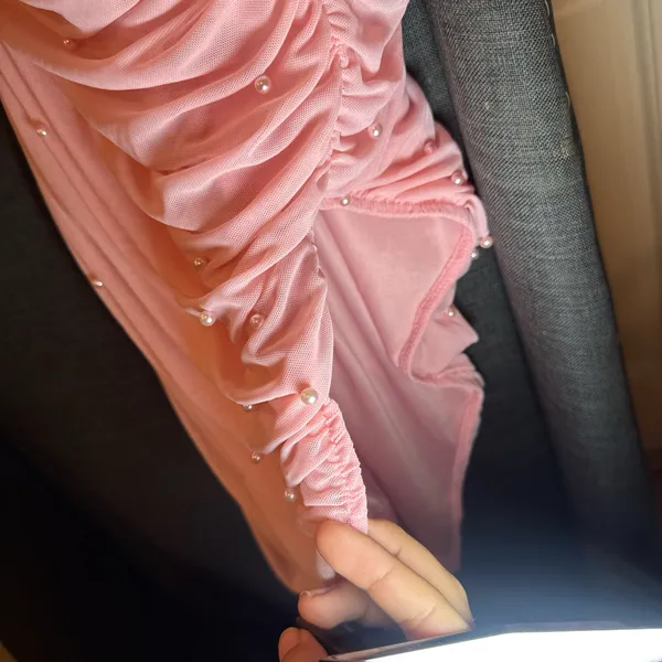 Blush Pink Pearl Ruched Midi Dress – Bodycon Fit – Spaghetti Straps - Image 4