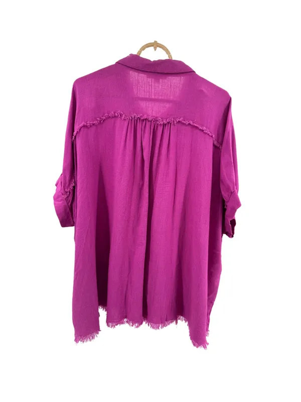 Umgee Fuchsia Button-Down Shirt with Frayed Placket XL oversized linen blend - Image 2