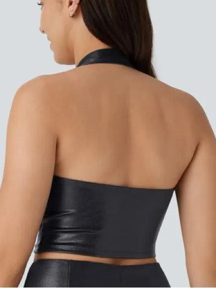 🌟NWT HALARA Faux Leather Party Halter Top —Backless, Adjustable Straps - Image 5