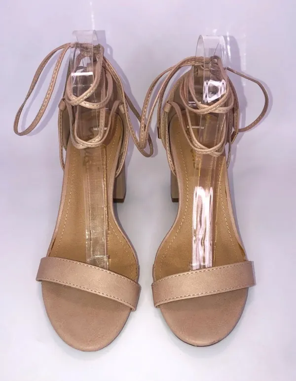 Lulus Open Toe Chunky Square Heel Lace up Calf Heels Nude Beige 7.5 Wore Once - Image 3