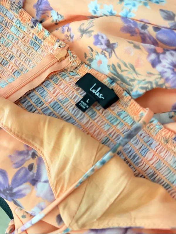 Lulus women’s Started With a Kiss Orange Floral Print Tie-Strap Tiered Dress L - Image 13