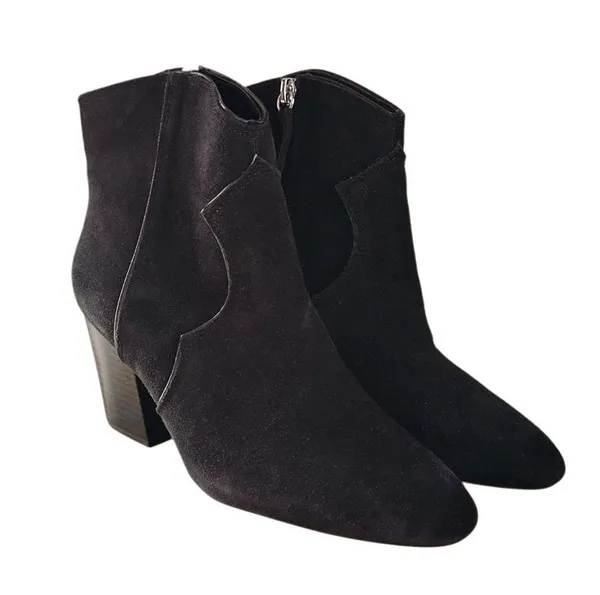 ZARA Womens Sz 36 US 6 Suede Leather Cowboy Ankle Boots Black Block Heel Booties - Image 2
