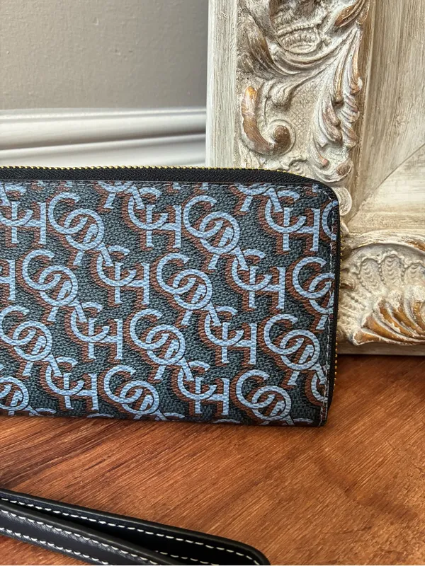 Coach Long Zip Around Wallet with Signature Monogram Print, Navy Blue / Gold - Image 5