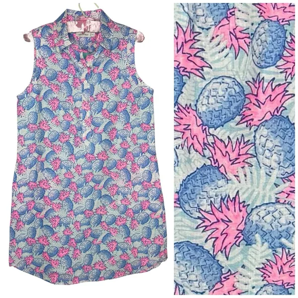 Vineyard Vines Pink Blue Pineapple Linen Dress 10 Resort Wear Golf Beach Pockets - Image 2