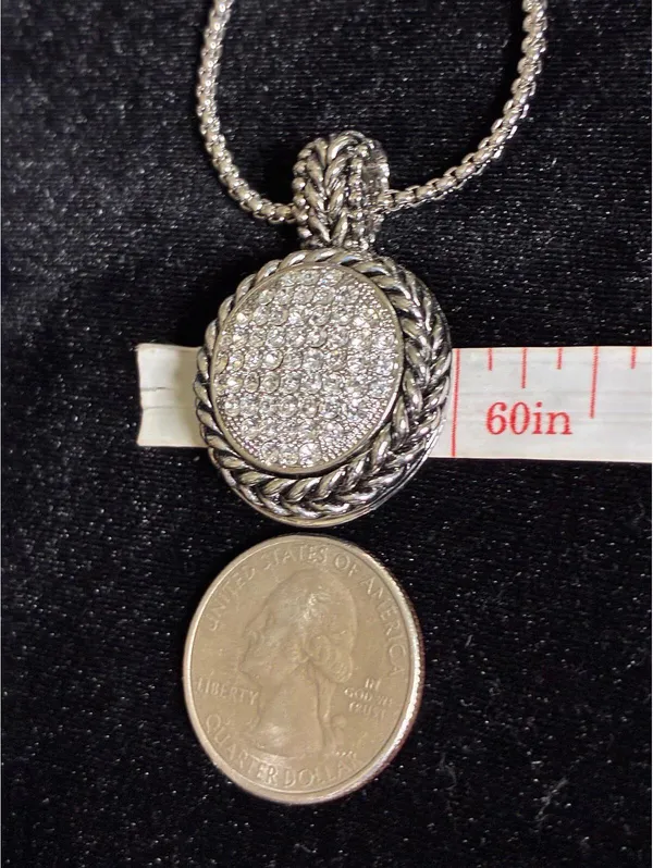 Silver-Tone Pavé Rhinestone Disc Pendant Necklace with Braided Chain - Image 5