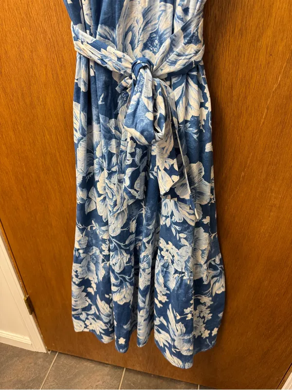 Joie Sleeveless Cotton Blend Long Floral Tie Waist Midi Maxi Dress Blue 16 - Image 9