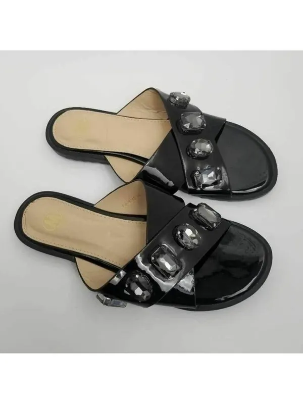 Womens Stone Jeweled Slip On Flat Slide Sandals Rhinestones Black Size 38 - Image 6