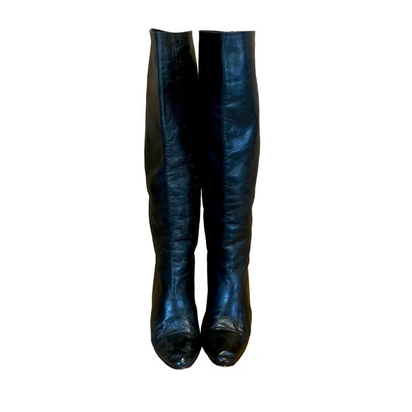 Vintage 1980'S Anne Klein Black Leather Heeled Calf High Boots (6) - Image 2