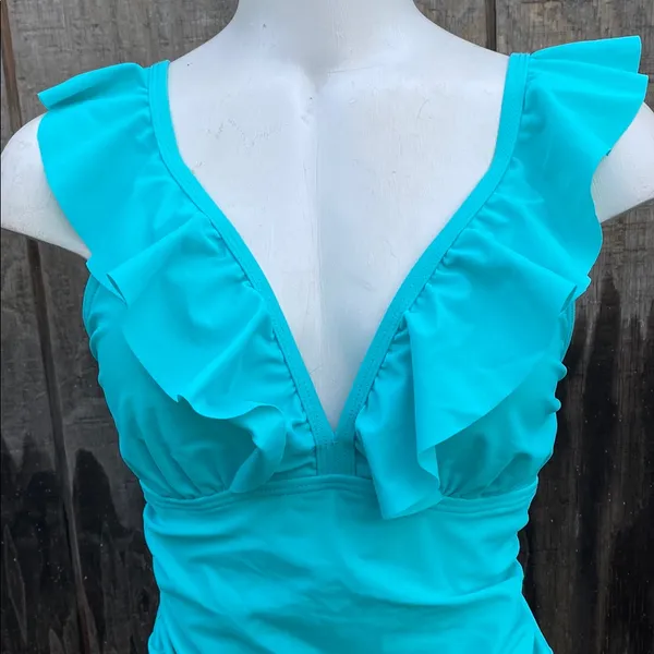 Turquoise Plunge Ruffle Trim Ruched Tummy One Piece Swimsuit Size M - Image 5