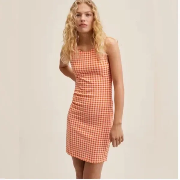 NWT NNG Mango Vichy Check Dress Gingham Orange Stretch - Image 2