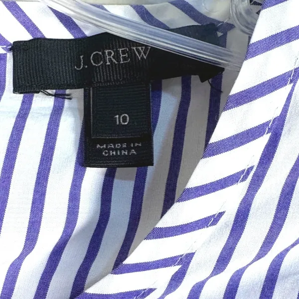 J.Crew Ruffle Stripe Blouse Womens 10 Blue‎ White Excellent Cotton Keyhole Tie - Image 3