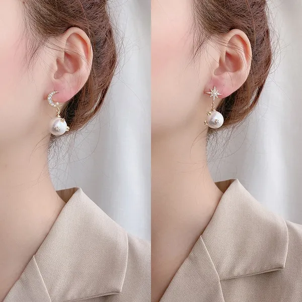 Moon and Stars Pearl Dangle Drop Earrings for Women - Image 5