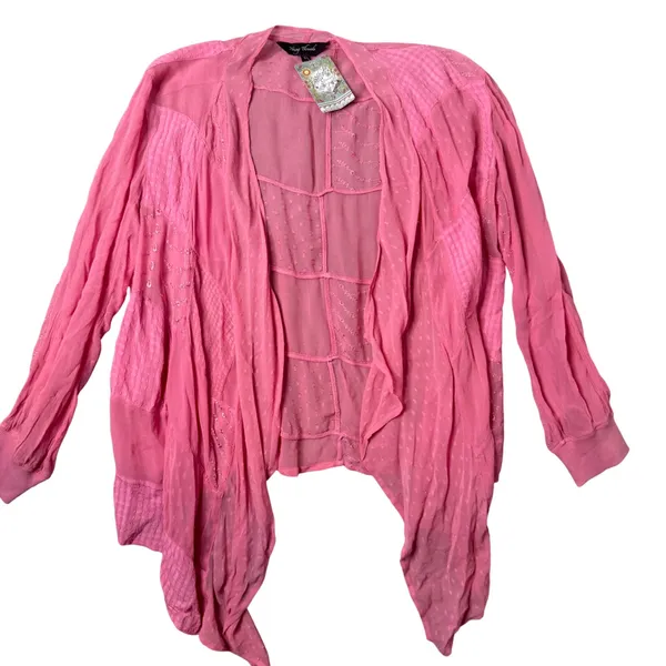 Young Threads Pink Patchwork Open Front Cardigan Size L Festival Embroidered NEW - Image 5
