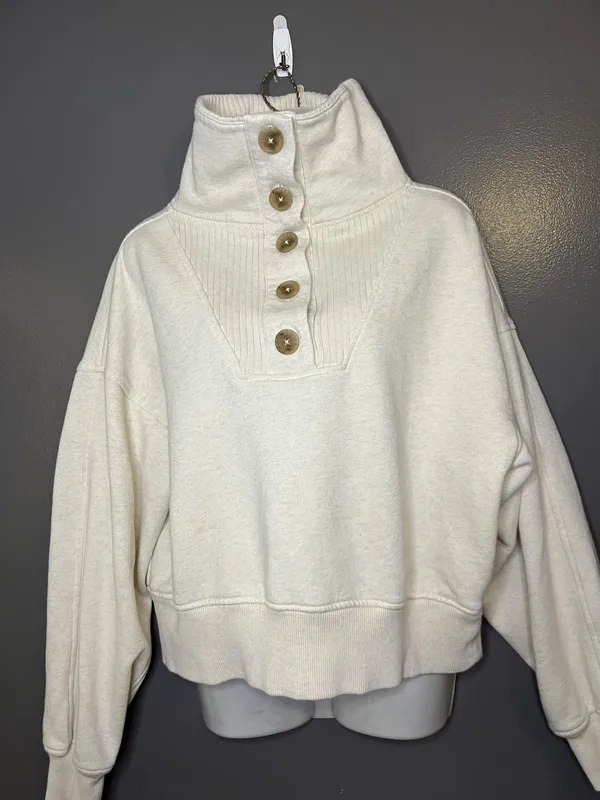 Aerie Sweatshirt Womens Medium White Button High Neck Fleece Pullover Relaxed - Image 2
