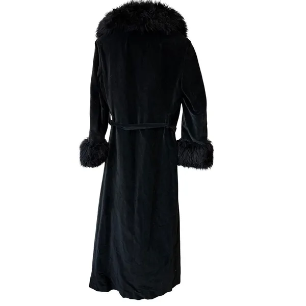 VTG Raincheetahs Black Velvet Faux Fur Long Opera Coat Belted Sz 12‎ Penny Lane - Image 6
