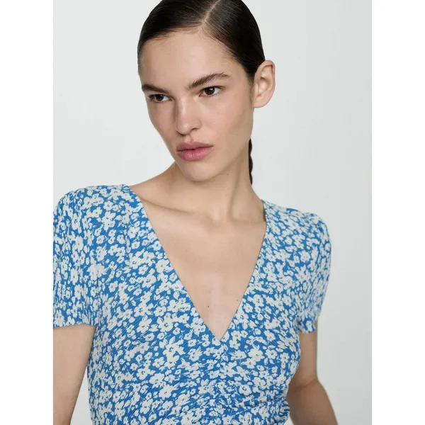 Mango Poma Floral Midi Dress Size Medium Blue Cottage Coquette Chic Jersey - Image 9
