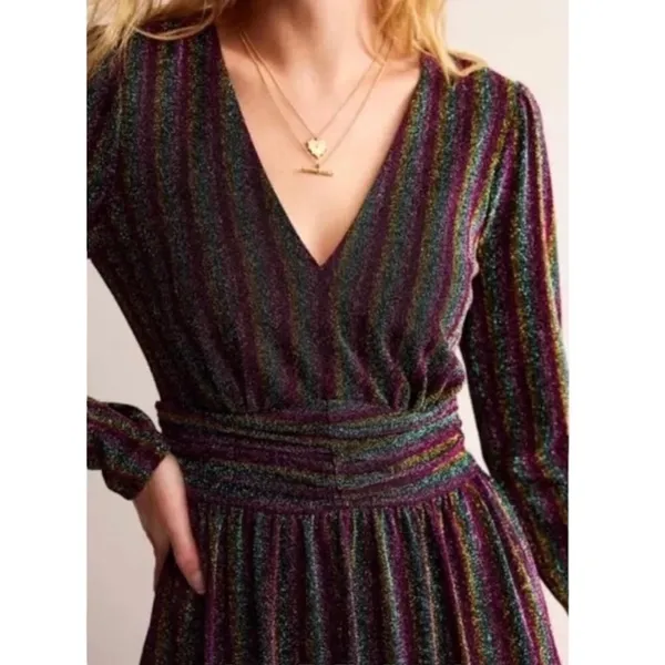 Boden Shimmer Glitter Long Sleeve Stripe Midi Dress Red Black Green Size 8 - Image 2
