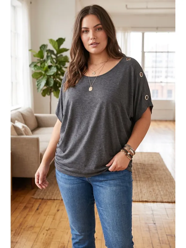 PerSeption Concept Grey Dolman Sleeve Grommet Keyhole Top Plus Size 3X - Image 4