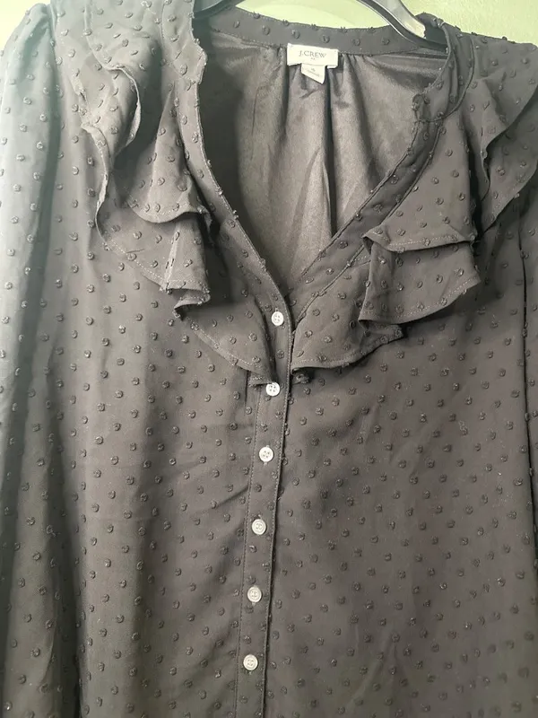 J.Crew Women's Small Black Sheer Swiss Dot Ruffle Neck Blouse Dark fairy dainty - Image 2