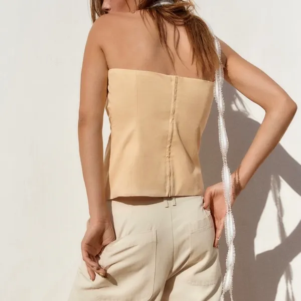 Zara NWOT gabardine light, yellow, zipper, back strapless button front tube top - Image 4