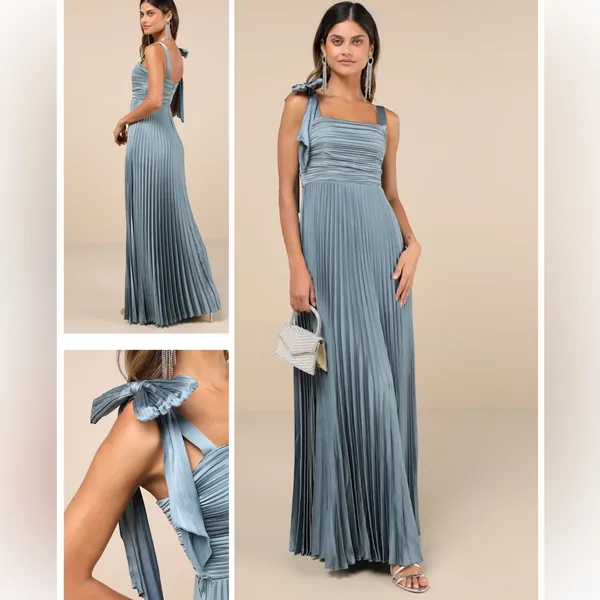 Lulus Gorgeous Purpose Slate Satin Pleated Sleeveless Bow Maxi Dress Size Medium - Image 2