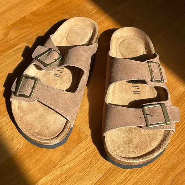 IDIFU Men’s Double Buckle Slide Sandals Tan Brown Leather Insole US 9.5 - Image 2