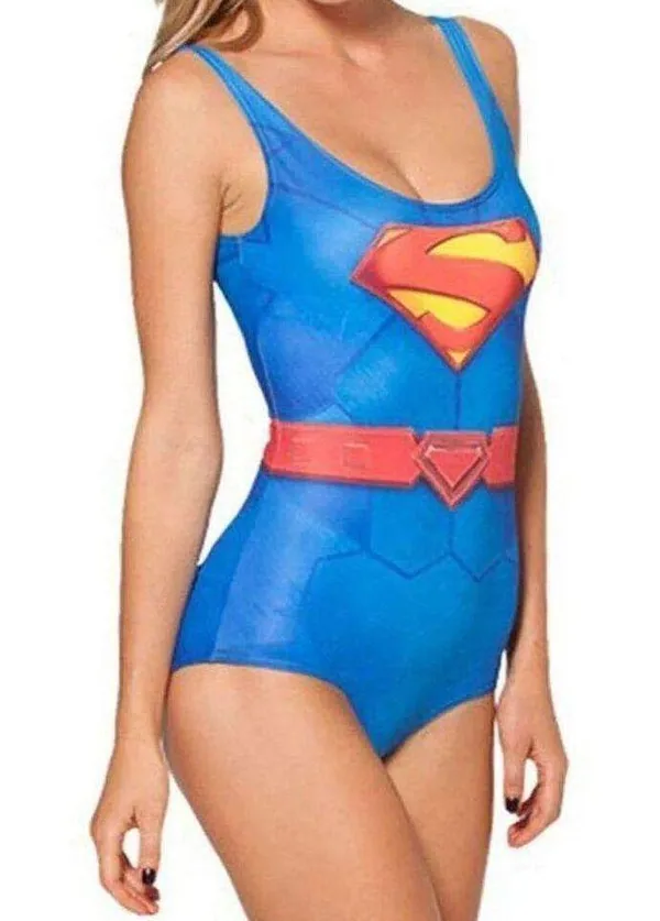 Superwoman One Piece Swimsuit Women “one size” Blue Superhero Swimwear Superman - Image 2
