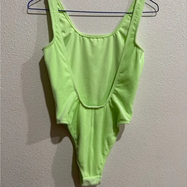 Adidas Essentials Green Ribbed Velour Deep U Back One Piece Swimsuit Size 4 Neon - Image 6