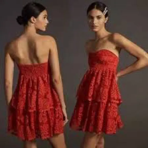 Maeve Anthropologie Strapless Red Lace Dress Size XS‎ EUC - Image 2