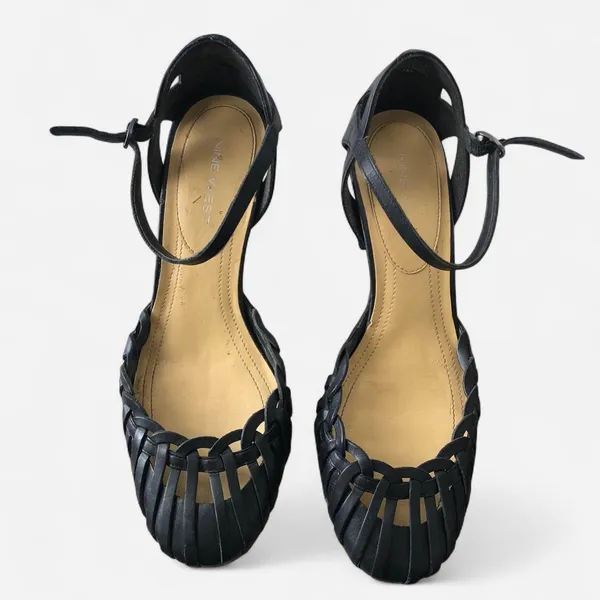 Vintage 90s 2000s Y2K Whimsygoth Leather black fisherman maryjane heels pumps roman hollow strappy cage cone curved round toe basket weaving Heel height:3.2” - Image 2