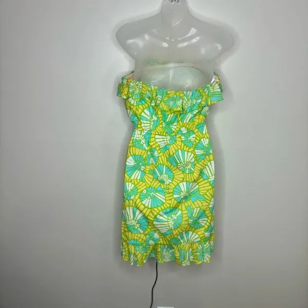 Lilly Pulitzer Strapless Summer Dress Blue Yellow Ruffled Hems size small - Image 4