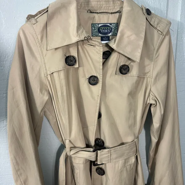 Green Envy Khaki Belted Trench Coat Size Medium EUC - Image 3