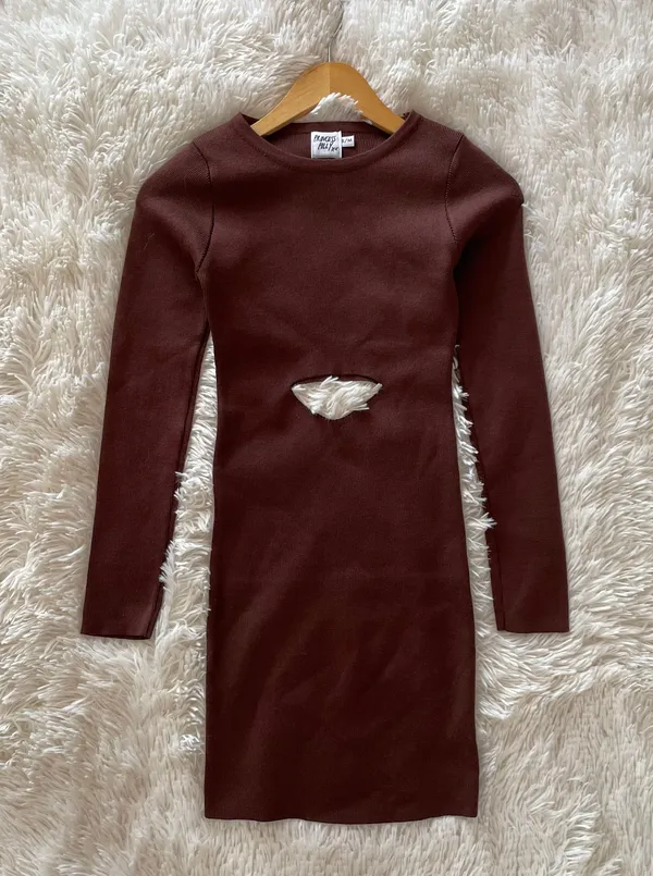 knit cut out Serenity mini dress in brown - Image 2