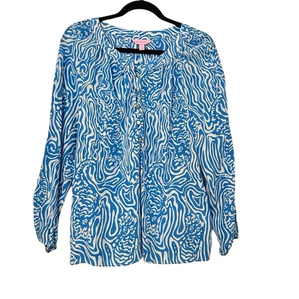 Lilly Pulitzer Camille Blouse Silk Night Swimming Blue White Print Womens Large - Image 2