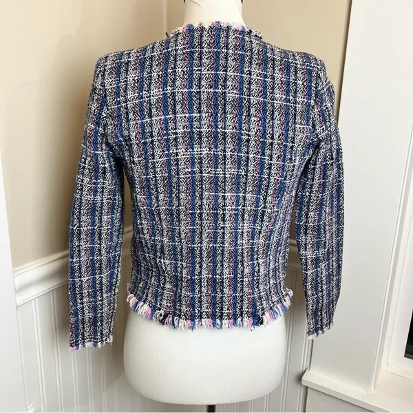 IRO Paris Multi Color Tweed Fringe Collarless Zip Pocket Jacket Blue Pink 36 4 - Image 3