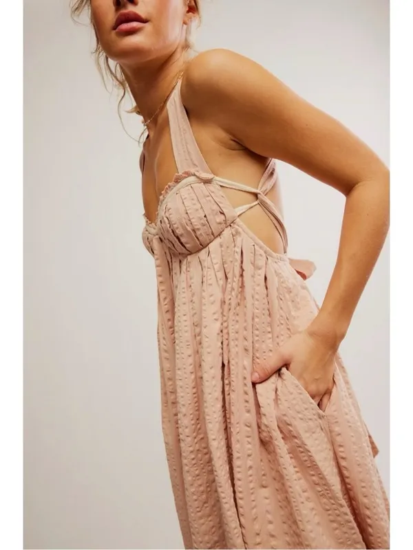 Free People Bohemian Beachy Seersucker Poppy Midi Dress Sundress Blush Large - Image 5