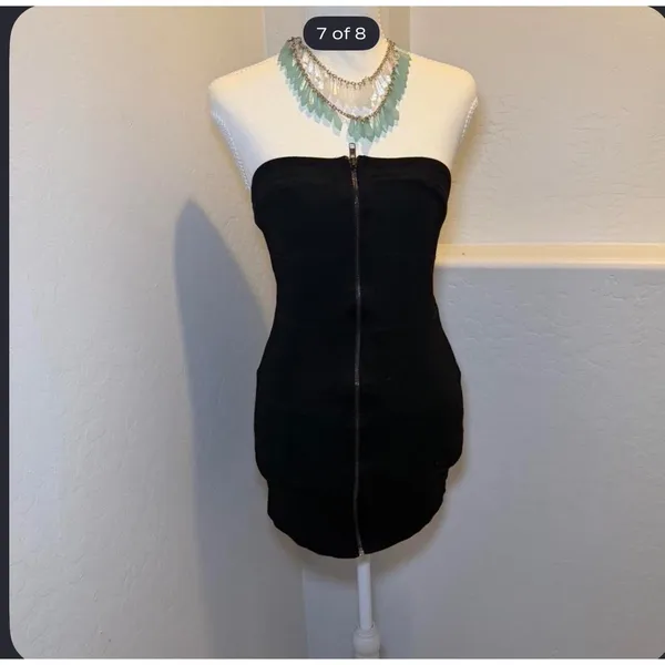 Black Strapless Mini Dress Womens Small Zip Front Bodycon Stretch Tube Dress - Image 6