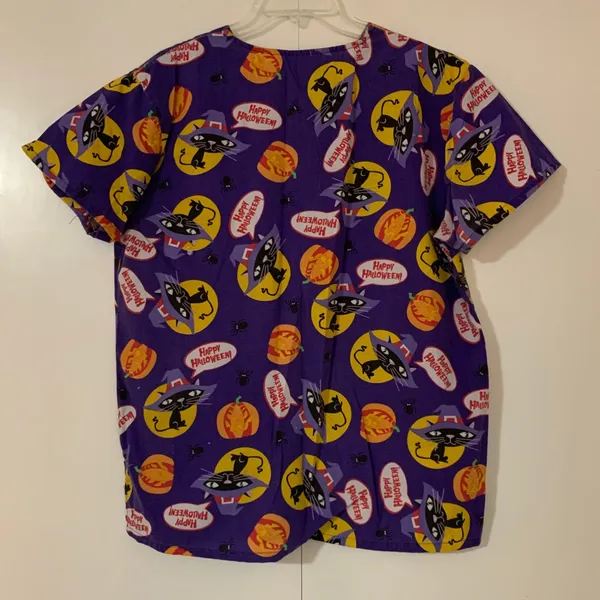 Just Love Halloween Cats Pumpkin Scrub Top 3 Pockets Med/Lrg - Image 7