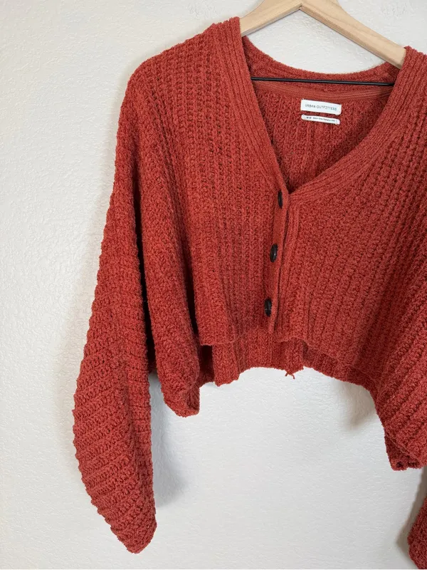 Urban Outfitters Ribbed Cozy Cropped Button Front Cardigan Sweater Burnt Orange - Image 3