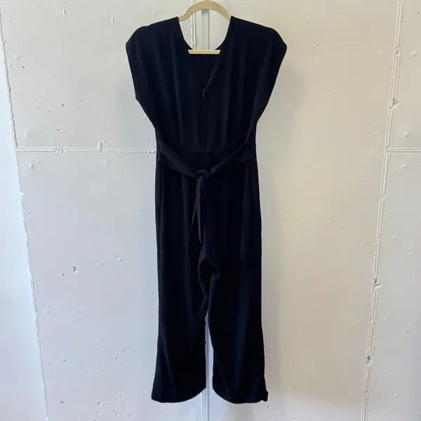 Loft Petites Black V-Neck Tie Waist Wide Leg Cropped Jumpsuit 0P Minimalist - Image 2