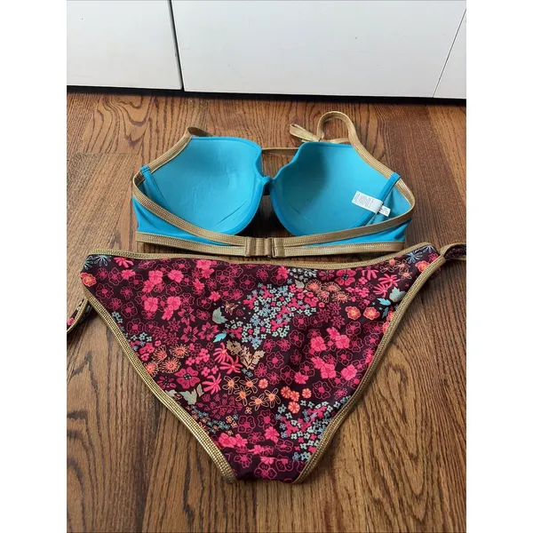 Aerie Bikini Set Womens 38D Top Pushup Bottom Size XL Blue Teal Gold Swimsuit - Image 3