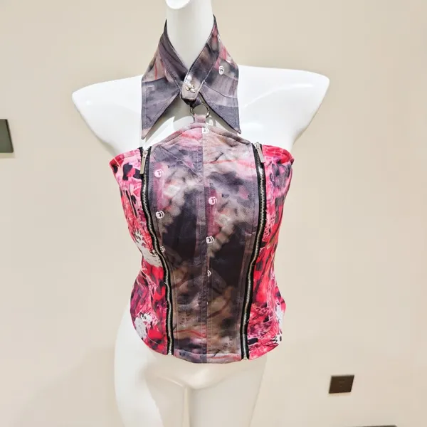 Edgy Printed Halter Corset Top Women Metal Ring - Image 2